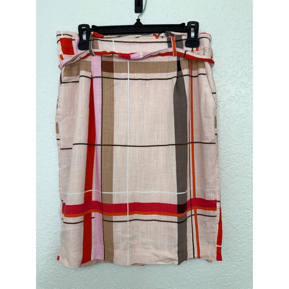 Ann‎ Taylor Petite Pink Plaid Linen Blend Pencil Skirt with Belt Size 10P